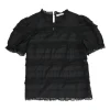 Black cotton-viscose blend pullover puff sleeve blouse with tonal lace inserts and keyhole back