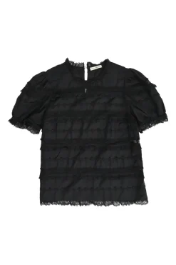 Black cotton-viscose blend pullover puff sleeve blouse with tonal lace inserts and keyhole back