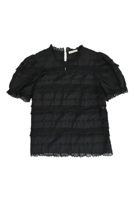 Black cotton-viscose blend pullover puff sleeve blouse with tonal lace inserts and keyhole back