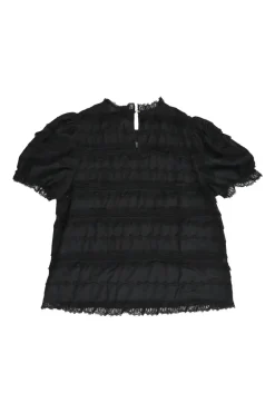 Black cotton-viscose blend pullover puff sleeve blouse with tonal lace inserts and keyhole back