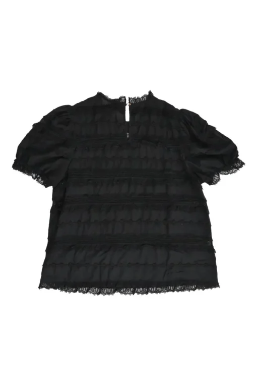 Black cotton-viscose blend pullover puff sleeve blouse with tonal lace inserts and keyhole back