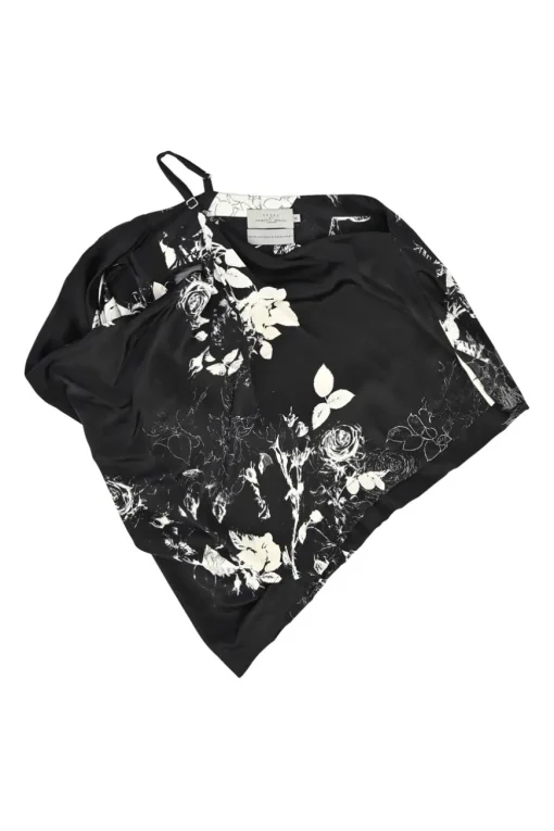 Black cowl draped silk one-shoulder camisole with adjustable spaghetti strap