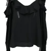 Black crepe open neck scoop neckline ruffled cold-shoulder blouse
