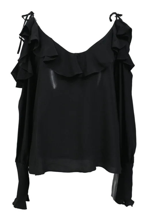 Black crepe open neck scoop neckline ruffled cold-shoulder blouse