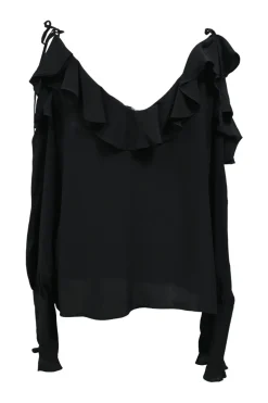 Black crepe open neck scoop neckline ruffled cold-shoulder blouse