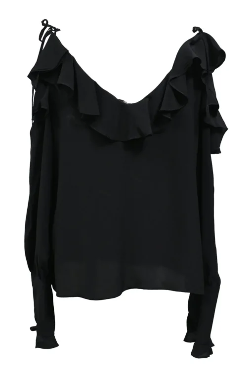 Black crepe open neck scoop neckline ruffled cold-shoulder blouse