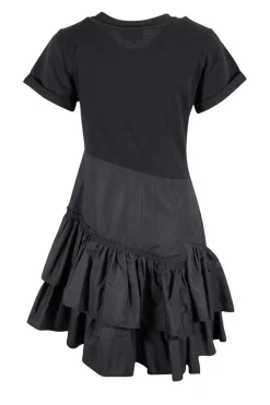 Black crew neck with folded hem short-sleeved mini dress. Adorned with layered flared pleated skirt and feature zipper closure on the side