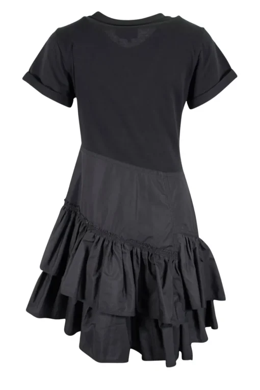 Black crew neck with folded hem short-sleeved mini dress. Adorned with layered flared pleated skirt and feature zipper closure on the side
