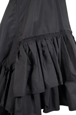 Black crew neck with folded hem short-sleeved mini dress. Adorned with layered flared pleated skirt and feature zipper closure on the side