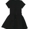 Black crinkle polyester-blend band collar half-button pullover cap sleeve mini A-line dress with toggle waist