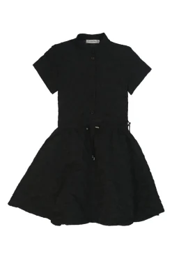 Black crinkle polyester-blend band collar half-button pullover cap sleeve mini A-line dress with toggle waist