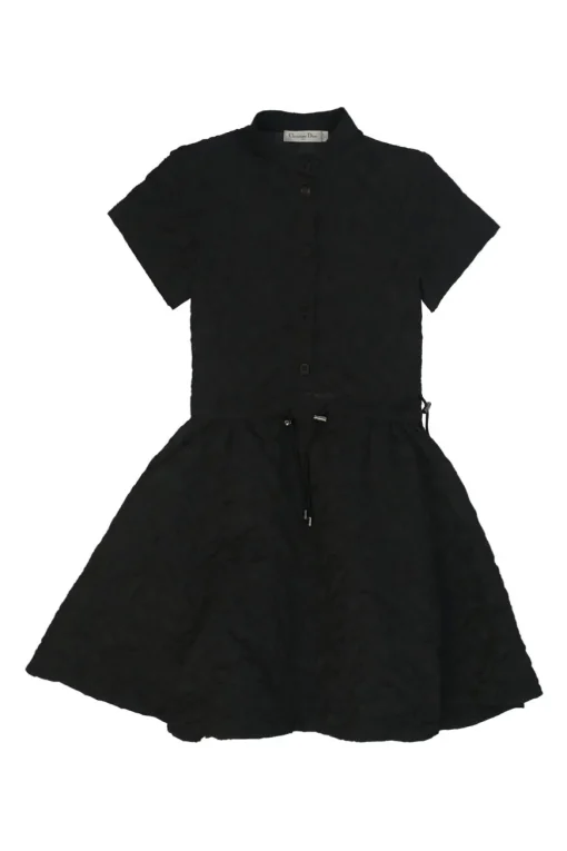 Black crinkle polyester-blend band collar half-button pullover cap sleeve mini A-line dress with toggle waist