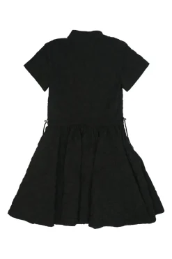 Black crinkle polyester-blend band collar half-button pullover cap sleeve mini A-line dress with toggle waist
