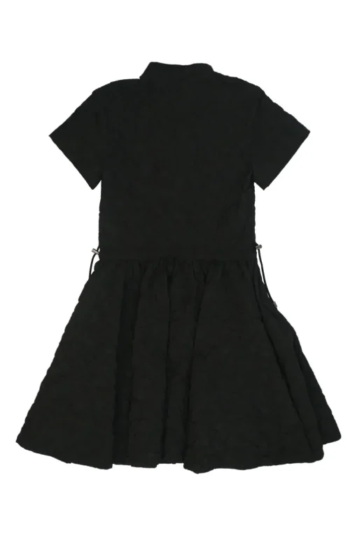 Black crinkle polyester-blend band collar half-button pullover cap sleeve mini A-line dress with toggle waist