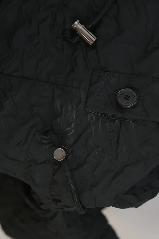 Black crinkle polyester-blend band collar half-button pullover cap sleeve mini A-line dress with toggle waist
