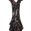 Black crinkle silk floral print plunge maxi dress with flutter cap sleeves and flounce hem