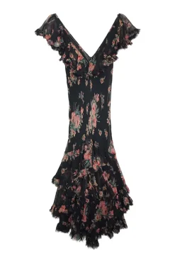 Black crinkle silk floral print plunge maxi dress with flutter cap sleeves and flounce hem