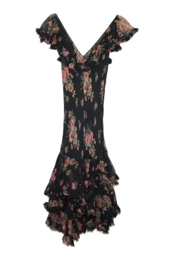 Black crinkle silk floral print plunge maxi dress with flutter cap sleeves and flounce hem