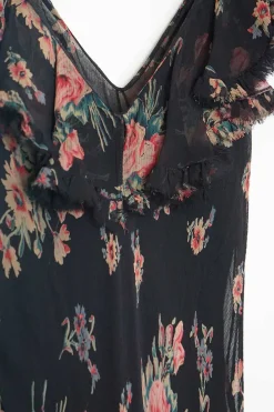 Black crinkle silk floral print plunge maxi dress with flutter cap sleeves and flounce hem