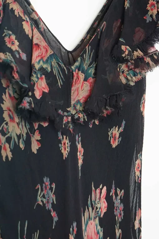 Black crinkle silk floral print plunge maxi dress with flutter cap sleeves and flounce hem