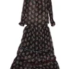 Black crinkle silk-blend metallic stripe jacquard tiered pussy-bow midi dress with gathered flounce sleeves