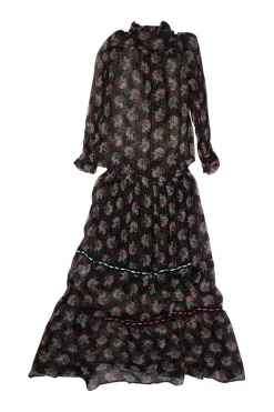 Black crinkle silk-blend metallic stripe jacquard tiered pussy-bow midi dress with gathered flounce sleeves