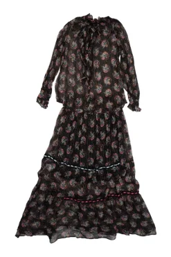 Black crinkle silk-blend metallic stripe jacquard tiered pussy-bow midi dress with gathered flounce sleeves