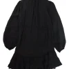 Black crinkle silk-blend pullover half-button pintuck ruffle tie-waist tunic shift with blouson sleeves