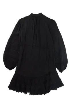 Black crinkle silk-blend pullover half-button pintuck ruffle tie-waist tunic shift with blouson sleeves