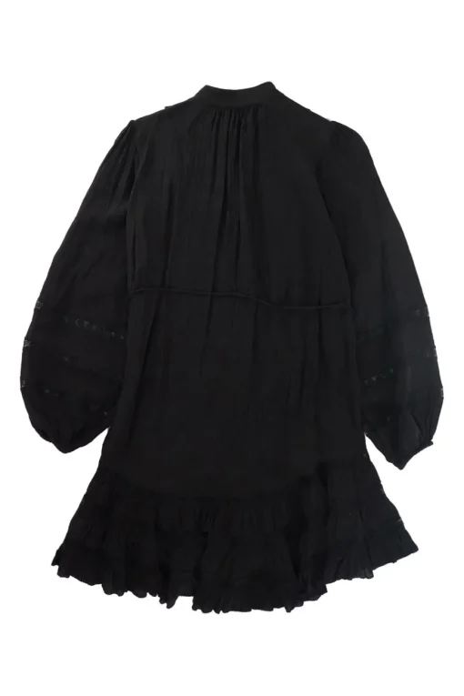 Black crinkle silk-blend pullover half-button pintuck ruffle tie-waist tunic shift with blouson sleeves
