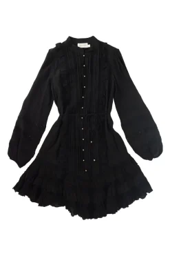 Black crinkle silk-blend pullover half-button pintuck ruffle tie-waist tunic shift with blouson sleeves