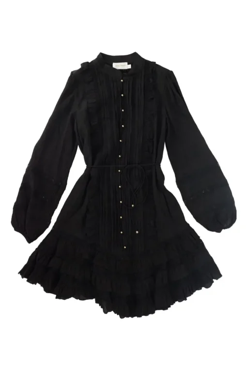 Black crinkle silk-blend pullover half-button pintuck ruffle tie-waist tunic shift with blouson sleeves