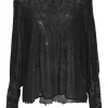 Black crinkled silk georgette dot-embroidered pintuck blouse with raglan sleeves