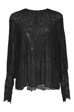 Black crinkled silk georgette dot-embroidered pintuck blouse with raglan sleeves