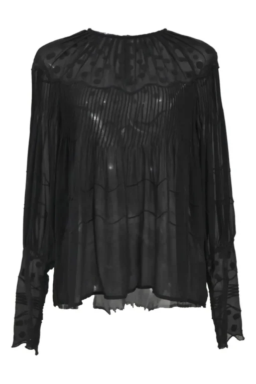 Black crinkled silk georgette dot-embroidered pintuck blouse with raglan sleeves