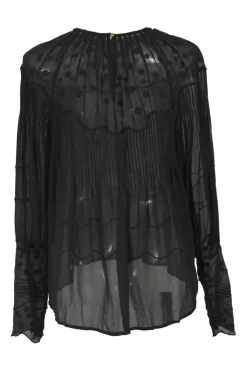 Black crinkled silk georgette dot-embroidered pintuck blouse with raglan sleeves