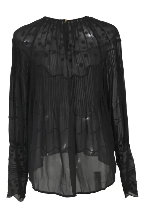 Black crinkled silk georgette dot-embroidered pintuck blouse with raglan sleeves