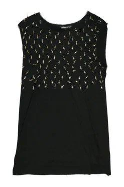 Black cross-embellished raw edge lyocell sleeveless shift dress