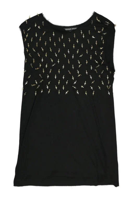 Black cross-embellished raw edge lyocell sleeveless shift dress