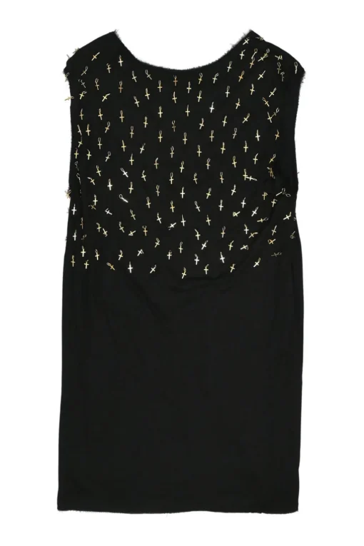 Black cross-embellished raw edge lyocell sleeveless shift dress