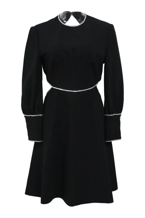Black crystal trimmed triacetate-blend jewel neck cut-out mini dress with open back