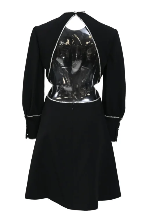 Black crystal trimmed triacetate-blend jewel neck cut-out mini dress with open back