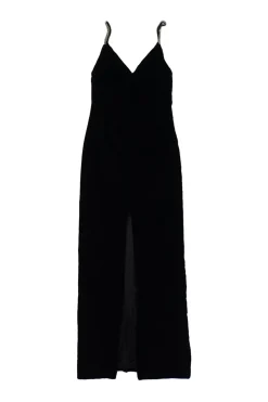 Black crystal-embellished rayon-silk-blend slip-on plunge column dress