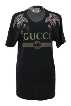 Black crystal-embellished screen-printed cotton jersey knit pullover crewneck logo T-shirt