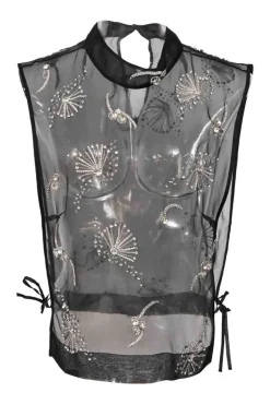Black crystal-embellished silk organza high-neck bib style sleeveless top with ribbon ties
