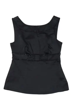 Black crystal-embellished silk satin bateau neck sleeveless peplum top