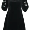 Black crystal-embellished cotton-blend velvet puff sleeve A-line babydoll mini dress