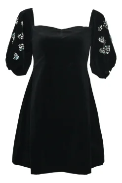 Black crystal-embellished cotton-blend velvet puff sleeve A-line babydoll mini dress