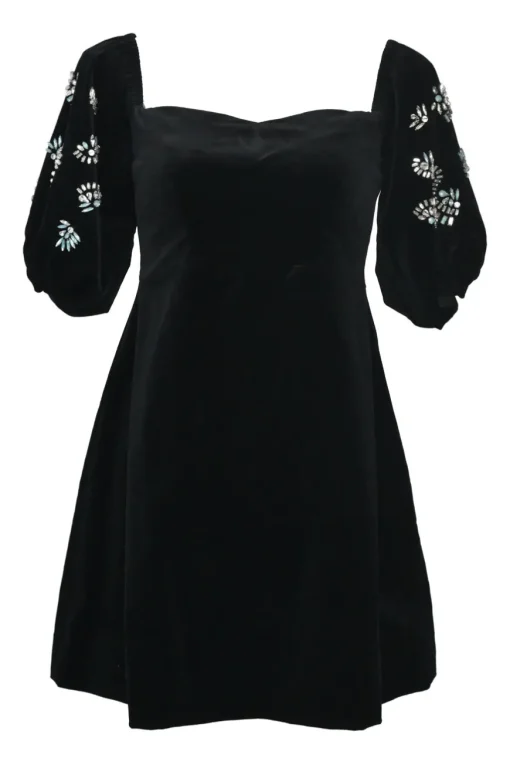 Black crystal-embellished cotton-blend velvet puff sleeve A-line babydoll mini dress