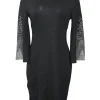 Black crystal-embellished rayon-blend jacquard knit bateau neck peek-a-boo bell sleeve sheath dress